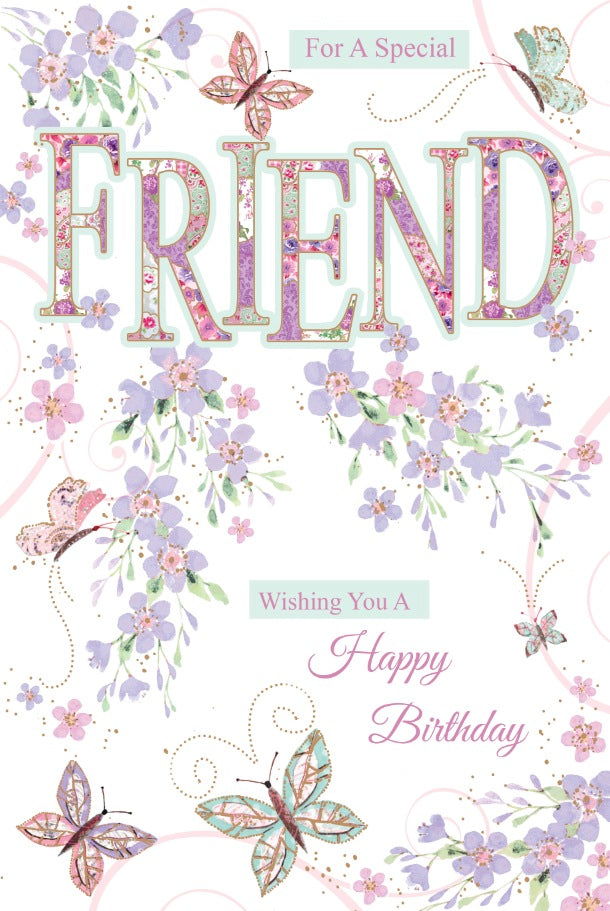 Friend Birthday Card - Purple Florets And Butterflies