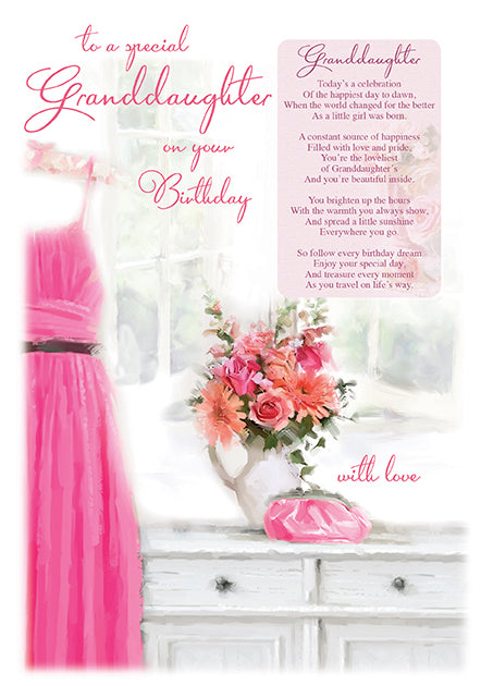 Granddaughter Birthday Card - Dresses and Flower Bouquet - Keepsake Card