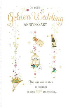 50th Wedding Anniversary Card -  Champagne, Gifts, And Flowers 