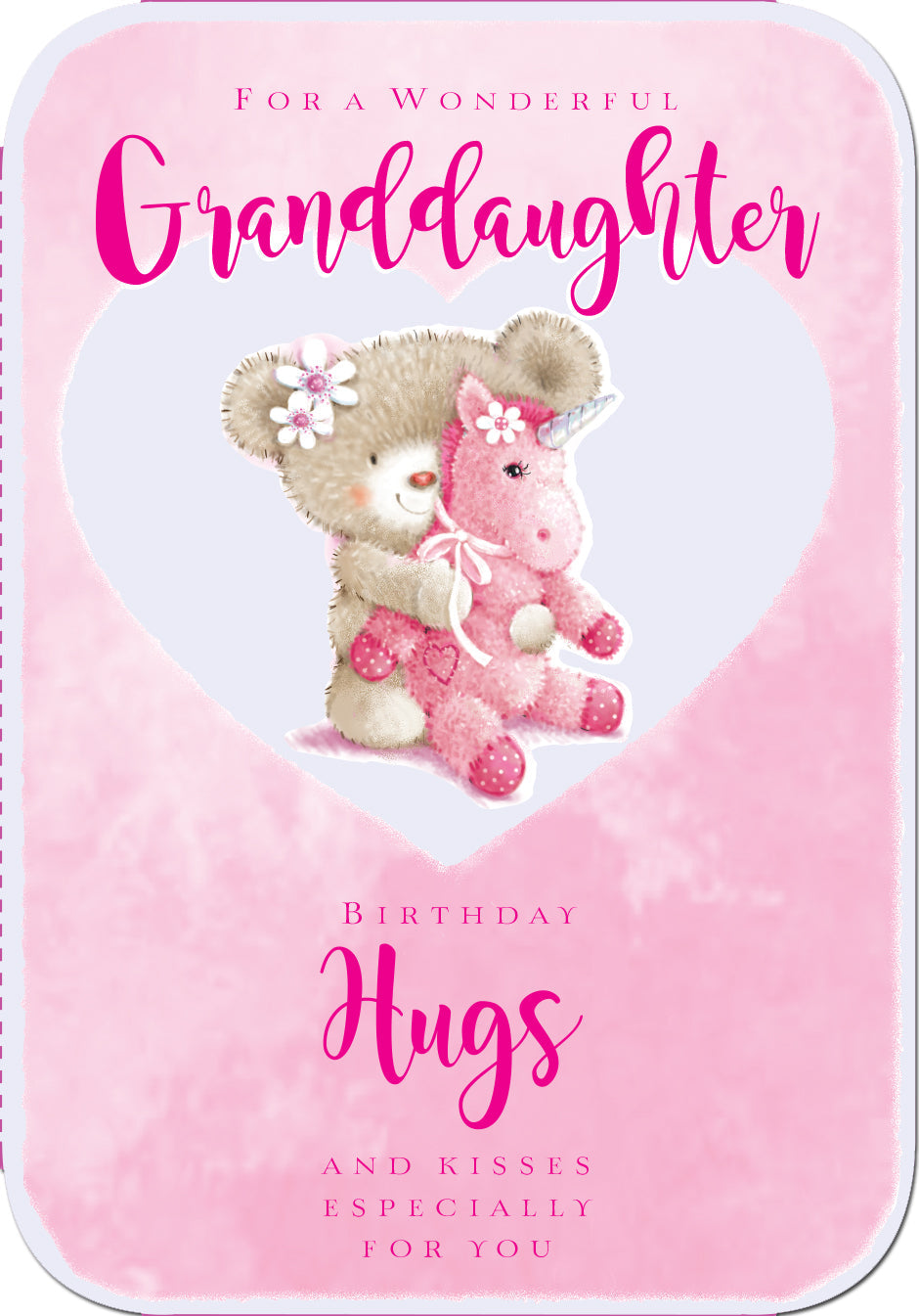 Granddaughter Birthday Card - Bear Cuddles Pink Unicorn
