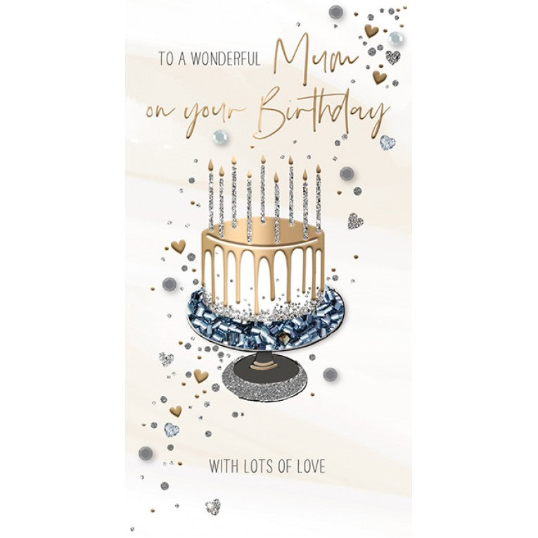 Mum Birthday Card - Handfinished Golden Cake - Blank Inside