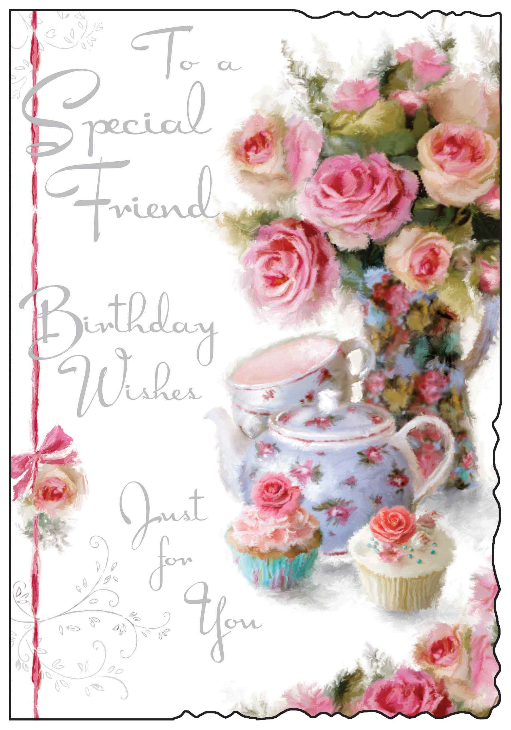 Friend Birthday Card - Tea Time And Pink Roses